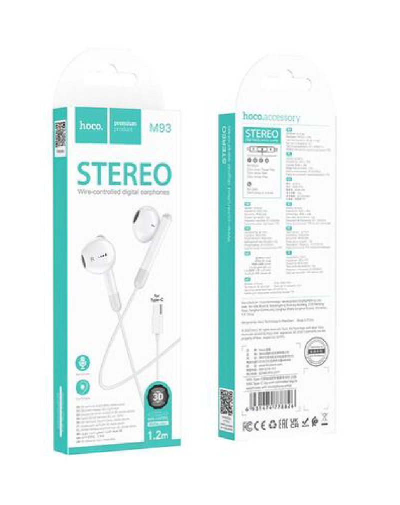 HOCO M93 - wired Earphone with Mic (Length: 1.2m, Plug: 3.5mm) Compabitle with iPhone Samsung Xiaomi Oppo
