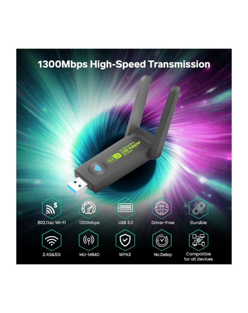 Dual Band WiFi 5 Dongle USB Adapter AC1300